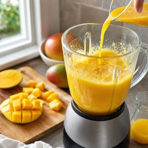 Mangostücke mit Orangensaft zu einem glatten goldenen Püree püriert