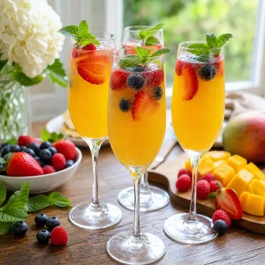 Mango-Mimosas mit frischer Minze garniert und kalt sprudelnd serviert