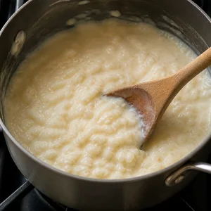 Creamy rice pudding thickening in the saucepan
