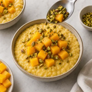 Diced mango and pistachios added to mango rice pudding