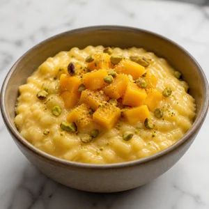 Finished mango rice pudding topped with diced mango and pistachios