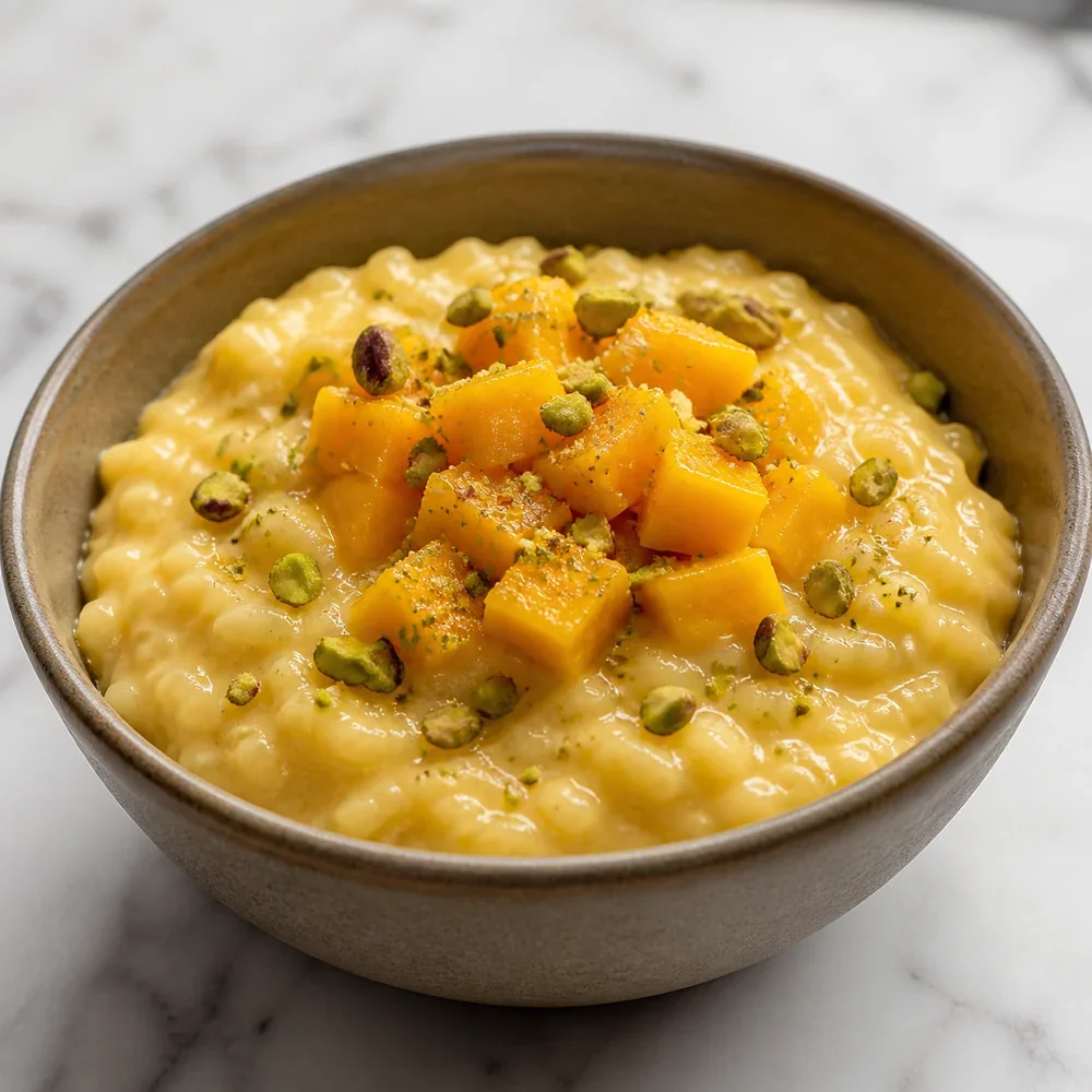 Finished mango rice pudding topped with diced mango and pistachios