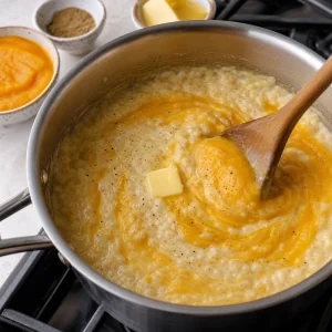 Mango puree and butter stirred into hot rice pudding