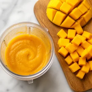 Mango puree beside diced ripe mango