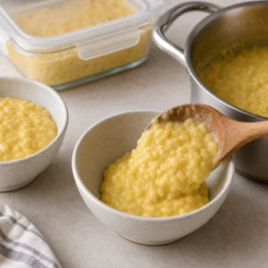 Mango rice pudding being spooned into bowls