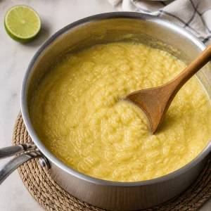 Mango rice pudding resting with lime nearby
