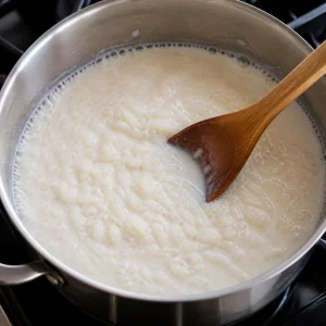 Rice and milk mixture simmering in a saucepan
