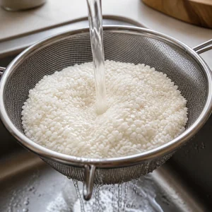 Short-grain rice rinsing in a fine-mesh strainer