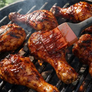 Glaçage barbecue appliqué sur les pilons au-dessus du feu direct