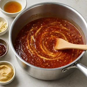Ingrédients de la sauce barbecue mélangés dans une casserole