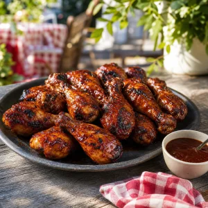 Glazed maple-chipotle drumsticks on a platter with barbecue sauce