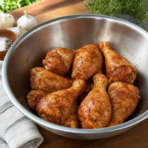 Pilons de poulet crus assaisonnés dans un saladier en métal