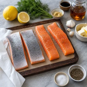 Atlantic salmon fillets patted dry and seasoned with salt and black pepper before cooking.