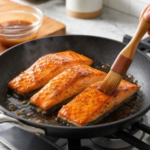 Flipped salmon fillets brushed with glossy maple glaze in the skillet.