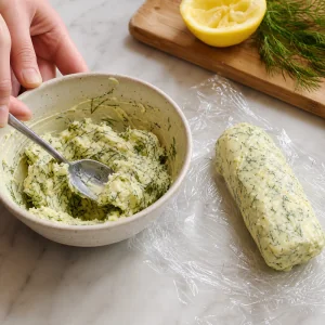 Lemon-dill butter mashed with garlic and shaped into a small log on plastic wrap.