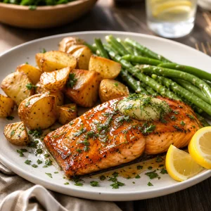Maple-glazed salmon served with lemon wedges, parsley, roasted potatoes, and green vegetables.
