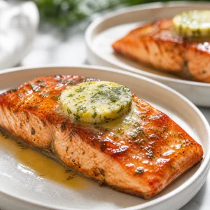 Maple-glazed salmon topped with lemon-dill butter as it melts over the hot fish.