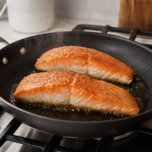 Salmon cooking undisturbed until the skin is crisp and the fish is mostly opaque.