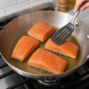 Salmon fillets placed skin-side down in hot olive oil and pressed gently for even contact.