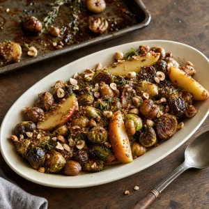 Gerösteter Rosenkohl mit Maronen, Äpfeln und Haselnüssen auf einer Platte