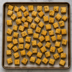 Coated rutabaga cubes spread in one layer on a parchment lined baking sheet