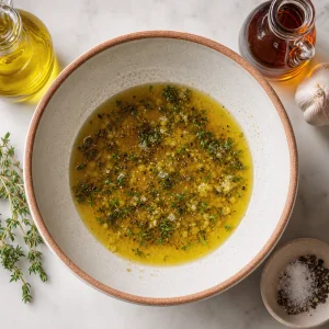 Maple olive oil garlic thyme salt and pepper mixture whisked in a bowl