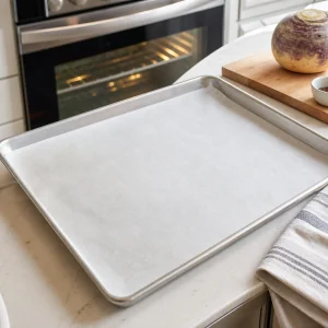 Parchment lined rimmed baking sheet ready beside the preheated oven