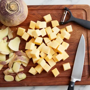 Peeled rutabaga cut into uniform one inch cubes on a cutting board