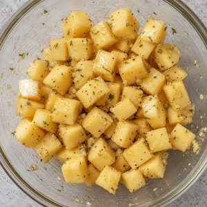 Rutabaga cubes tossed in the maple garlic thyme mixture until coated