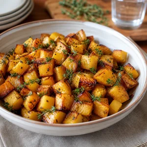 Warm maple roasted rutabaga served with an extra sprinkle of fresh thyme