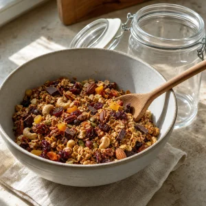 Finished trail mix with dried fruit and dark chocolate
