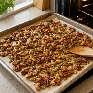 Maple-coated nuts and seeds spread on a baking sheet