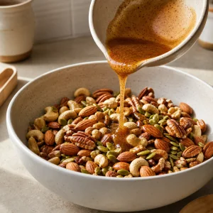 Maple-spice glaze poured over the nut mixture