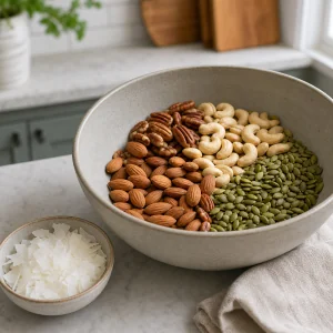Raw nuts and pumpkin seeds with coconut set aside