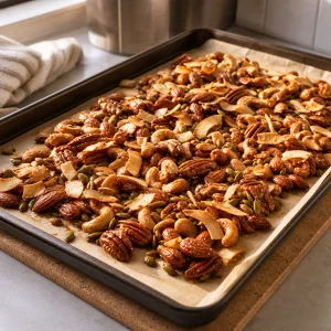 Roasted maple nuts and golden coconut cooling on the pan