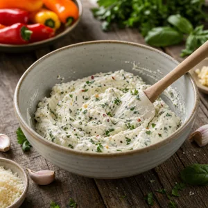 Сливочная сырная начинка с травами в миске