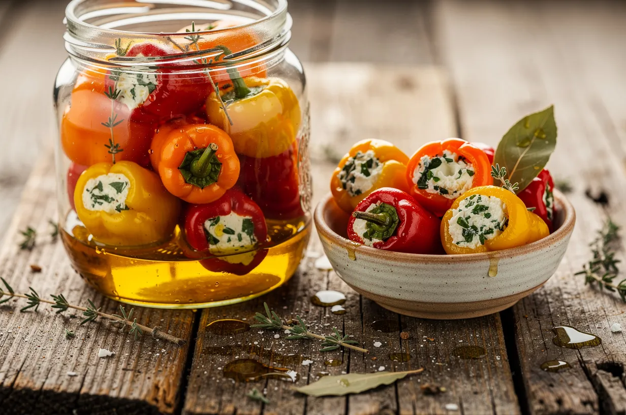 Marinated Mini Peppers Stuffed with Herbed Cheese and Garlic