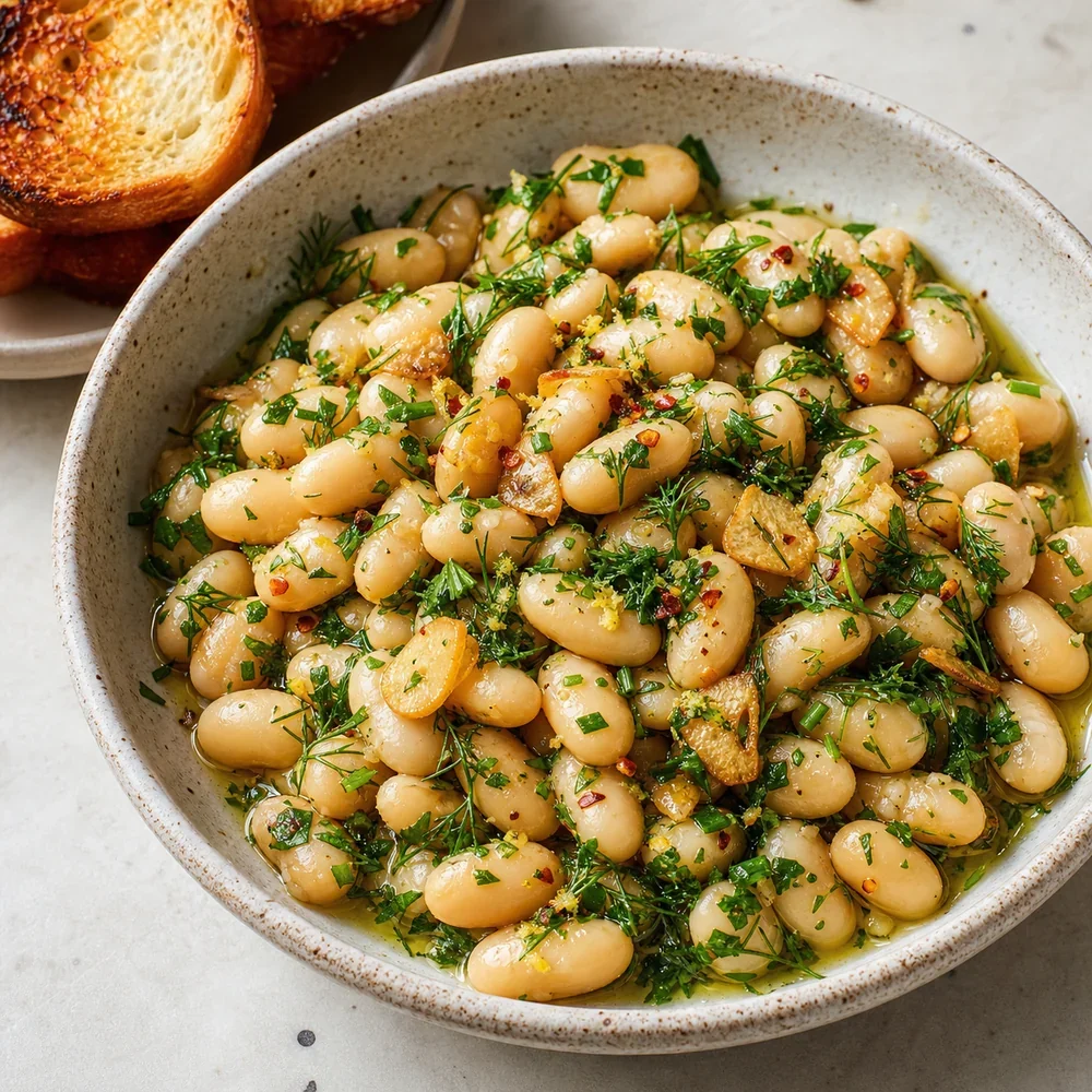 Finished marinated white beans with garlic and fresh herbs in a shallow bowl