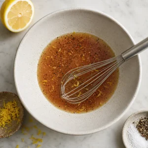 Lemon and red wine vinegar dressing base whisked in a bowl