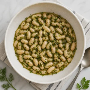 Marinated white beans resting in herb oil at room temperature