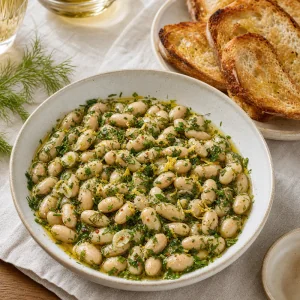 Marinated white beans served at room temperature with toasted bread