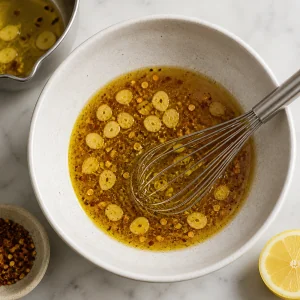 Warm garlic oil whisked into the lemon vinegar marinade