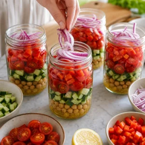 Chickpeas cucumber tomatoes red bell pepper and red onion layered in mason jars