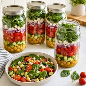 Finished mason jar salads with lemon vinaigrette colorful vegetables chickpeas feta and greens