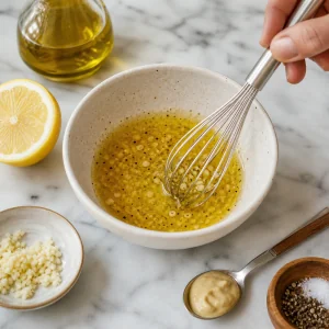 Lemon vinaigrette whisked with olive oil Dijon mustard garlic salt and pepper