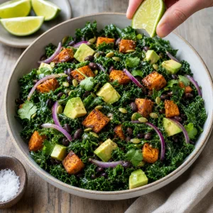 Salada de couve kale pronta com limão e sal para servir.