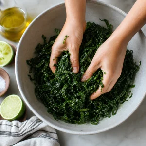 Mãos massageando couve kale fatiada em uma tigela grande.