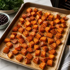 Cubos de batata-doce assada dourados nas bordas.