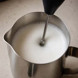 Handheld frother aerating milk into fine microfoam