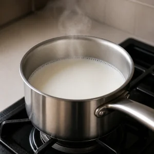 Milk warming in a small stainless saucepan on the stove